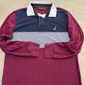 Nautica Slim Fit Burgundy/Navy Blue Long Sleeve Rugby Polo Large